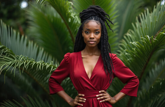 African American woman stands in red dress near tropical palm leaves. She has dreadlocks styled up. Outdoor portrait shows poise and elegance. Green foliage provides natural backdrop.