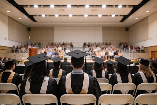 Graduates in caps and gowns seated in rows during an indoor commencement ceremony, facing the stage and audience in a large auditorium, capturing academic tradition and achievement.