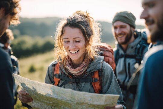 Group of hikers studying a map outdoors in a scenic landscape