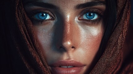 Naklejka premium Womans portrait with intense blue eyes and mysterious expression