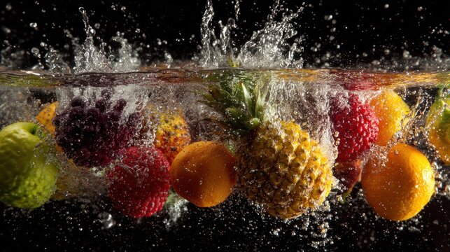 Fresh fruit splashing into water creating dynamic composition on black backdrop