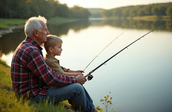 Grandfather and grandson fish by lake. Old man and young boy sit on bank with rods. Male family members enjoy outdoor hobby together at sunset, relaxed afternoon. Boy looks forward.
