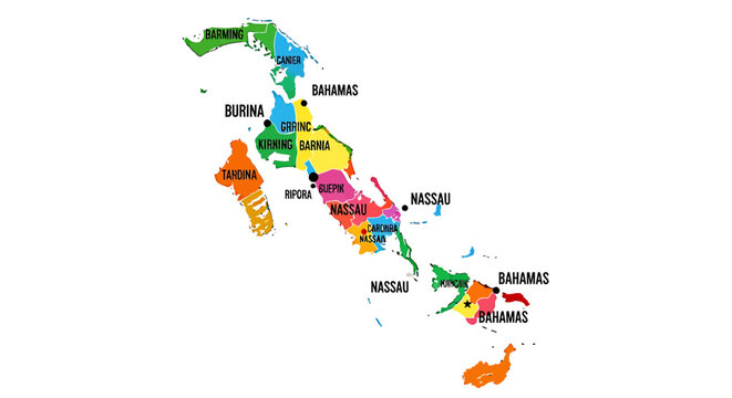 Colorful Map of The Bahamas Islands with Districts Labeled.