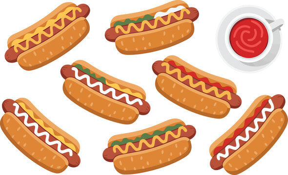 Several hot dogs with mustard and relish alongside a ketchup container