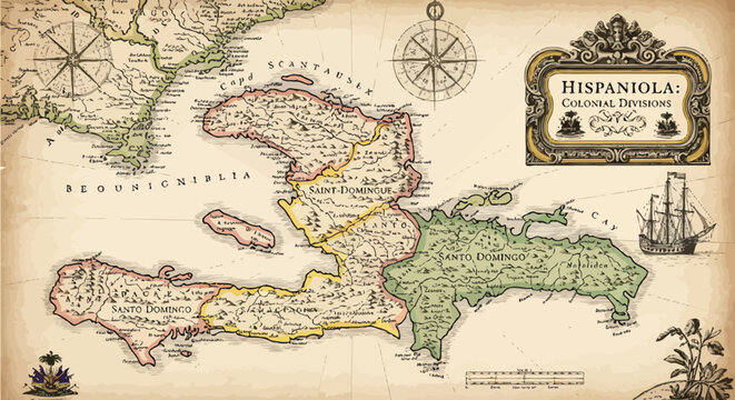 Antique Map of Hispaniola Island Showing Haiti and Dominican Republic.