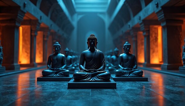 Rows of Buddha statues sit in meditation in dimly lit temple hall. Blue and orange lights create atmospheric mood. Spiritual statues lined up symmetrically with calm focus.