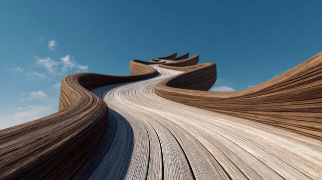 Abstract wooden pathway curves towards blue sky concept illustration
