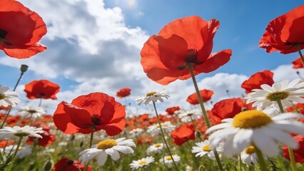 Naklejka premium Close-up of vibrant red poppies and white daisies blooming in a sunlit meadow.