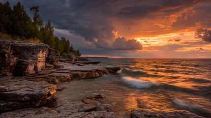 Obraz premium Dramatic sunset over ocean with rocky shoreline and vibrant sky