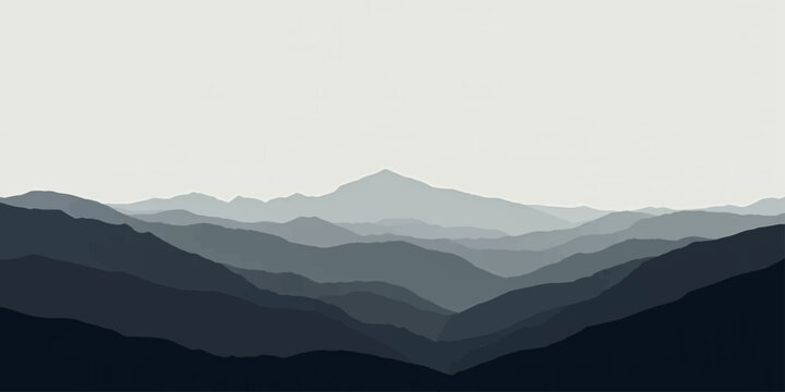 Serene mountain landscape with layers of rolling hills and peaks, evoking tranquility and solitude.