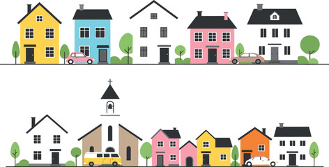 Colorful House and Building Collection with Cars and Trees for Urban, Residential, and Real Estate Design, Cityscape Illustration © MstTazmina