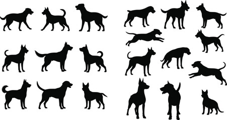 Obraz premium Dog Silhouette Set Vector Collection Featuring Various Breeds in Standing Running Sitting and Jumping Poses Isolated Black Canine Icons for Design
