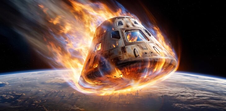 Dramatic image of a space capsule re-entering Earth's atmosphere, enveloped in a blazing inferno of plasma due to atmospheric friction. Space exploration concept.