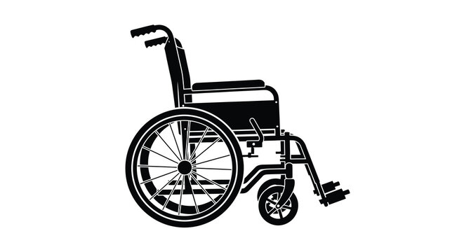 Black and white silhouette of a manual wheelchair on a white background