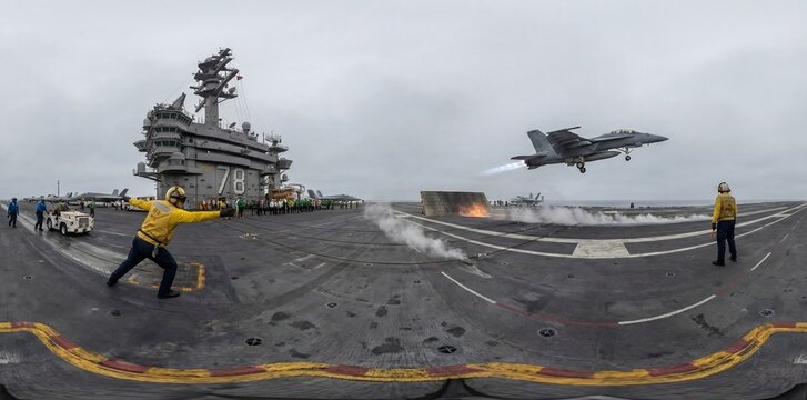 A powerful F/A-18 Super Hornet fighter jet launches from the flight deck of the USS Gerald R. Ford (CVN-78) aircraft carrier with steam and flames. Deck crew supervises the dynamic operation.