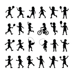 Fototapeta premium Collection of black silhouette children playing sports isolated on white background