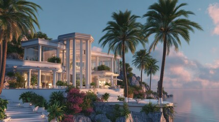 Fototapeta premium Luxury mansion on cliffside with palm trees and blue sky