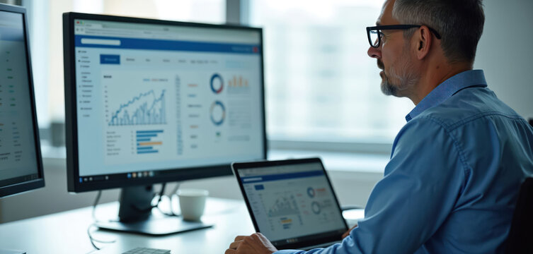 Man with glasses analyzes charts on computer screens. He works at desk using laptop and desktop monitor showing data. Business analysis and finance growth.