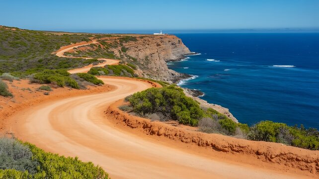 Coastal Path: A winding coastal path guides the viewer's eye along rugged cliffs, where it meets the vast expanse of the cerulean sea and an ancient lighthouse stands as a beacon. 