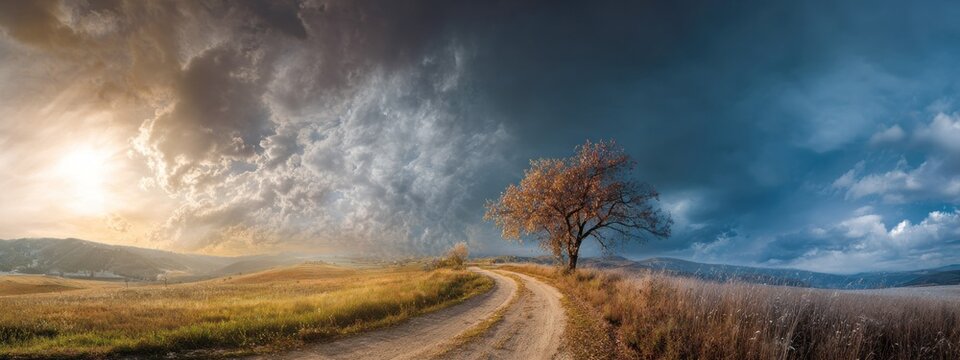 Dramatic landscape with road and solitary tree under stormy sky illustration