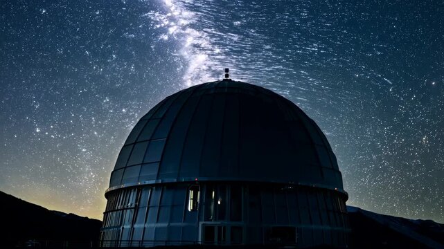 Astronomical observatory dome under a starry sky with visible Milky Way galaxy and bright celestial bodies illuminating the night landscape in a remote mountainous region