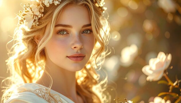 花冠をつけた金髪の女性の幻想的ポートレート