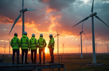 Naklejka premium Engineers in high visibility jackets stand on platform looking at wind turbines at sunset. Team monitors renewable energy farm during dusk. Workers at clean power generation site.