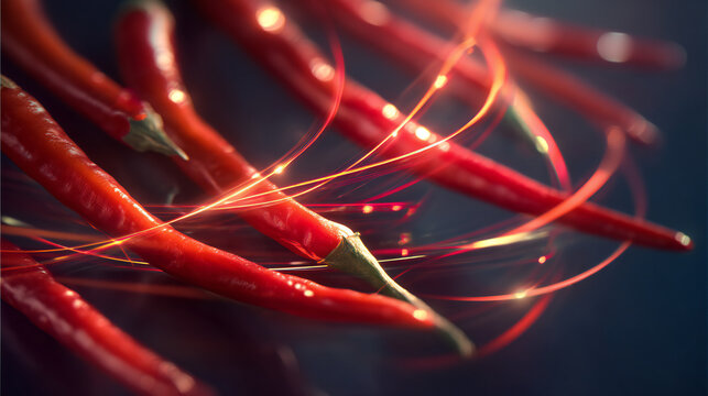 Multiple red Thai spur chili peppers with glowing motion streaks on black background. Dynamic spicy food concept representing heat, freshness and bold flavor.