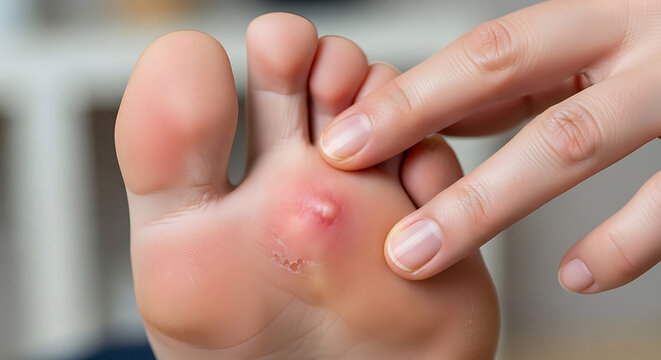Close-up of a persons foot showing a painful corn or callus on the sole.