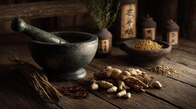 Traditional herbs and mortar with pestle on rustic wooden table