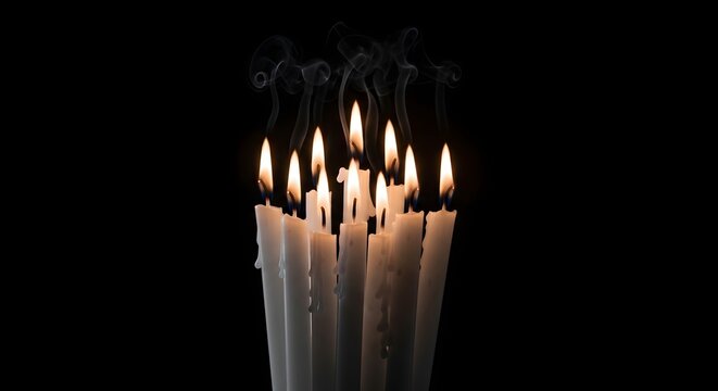 Burning white candles, flickering flames, dark black background, solemn memorial, spiritual light