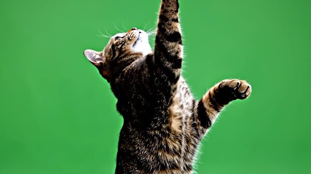 A brown tabby cat stretching upwards playfully.