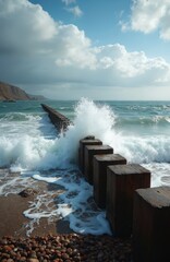Fototapeta premium Ocean waves break on wooden groynes. Crashing water meets shore, creating foam. Rocky hills rise beyond blue sea. Cloudy sky above seascape.