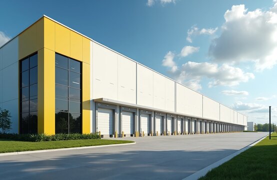 Modern industrial warehouse exterior with yellow accents. Multiple loading docks line the long white building under a bright blue sky with scattered clouds. Green grass surrounds the paved lot.