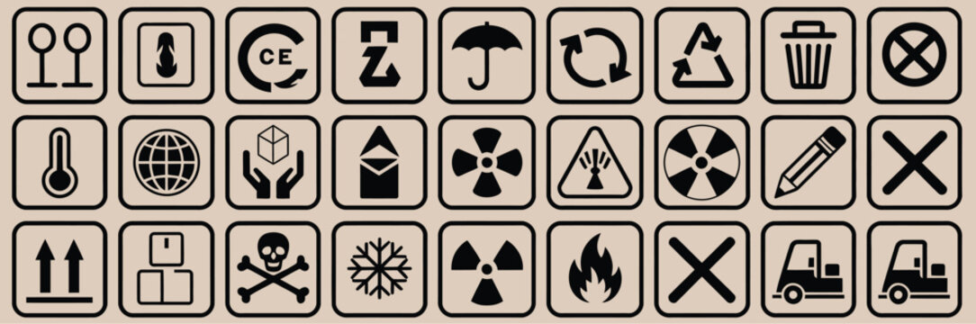 Cardboard packaging icon set, package sign labels with common shipping symbols and warning indicators for logistics and design