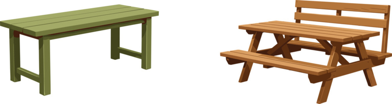 Wooden Bench and Picnic Table Vector Illustration Featuring Outdoor Seating Furniture with Garden Bench and Picnic Table for Park Patio and Backyard Design