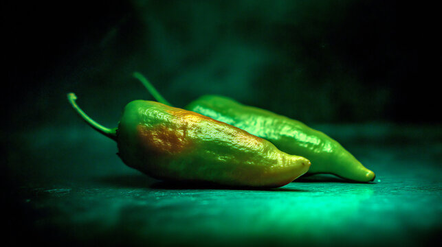 Fresh green Padron pepper on dramatic dark green background with smoky atmosphere. Popular Spanish tapas ingredient concept showing mild spicy fresh produce.