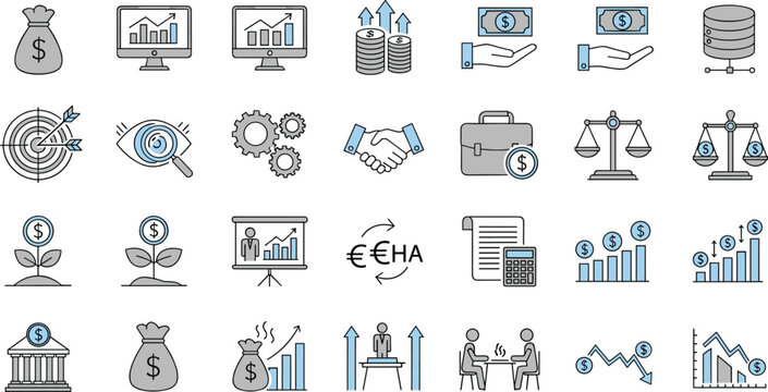 Business Finance and Investment Outline Icon Set with Money Growth Chart Handshake Scale Bank and Market Elements