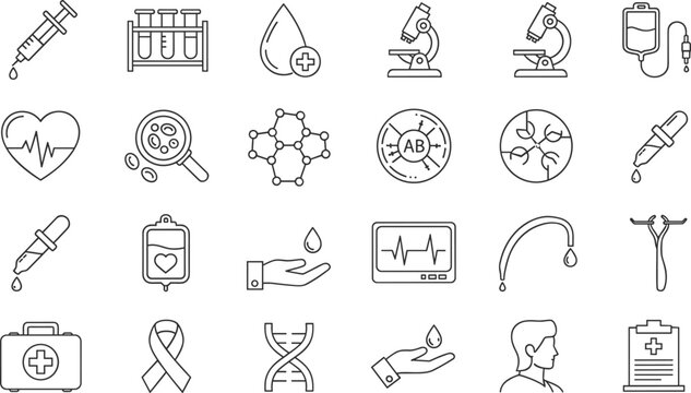 Medical Healthcare Outline Icon Set with Syringe Microscope Blood DNA Heart Monitor and Laboratory Science Elements