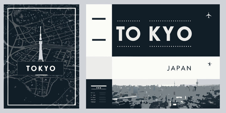 Minimalist travel poster featuring a map and text for tokyo japan
