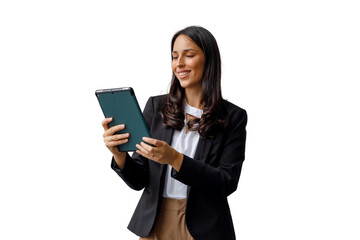 Fototapeta premium Busy businesswoman holding a digital tablet, smiling and interacting with modern technology for an efficient online workflow