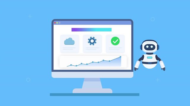Friendly robot assistant interacting with automated dashboard featuring cloud system, analytics charts, and progress indicators in smooth animation, representing centralized workflow and smart automat