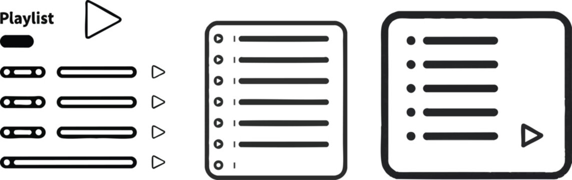 Vector Icon of a Playlist List in Outline Style, Horizontal Lines with Play Symbol, Minimal Line Art Design, Isolated on White Background, Media Playlist and Music Queue Symbol Illustration
