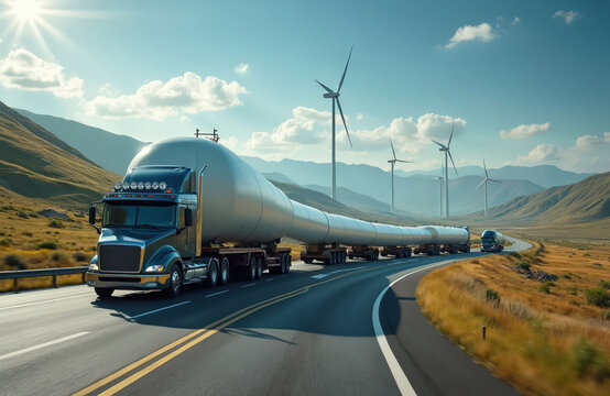 Oversize trucks carry long wind turbine blades along a winding road through hills. Windmills spin in background under sunny sky. Renewable energy parts move to installation site.