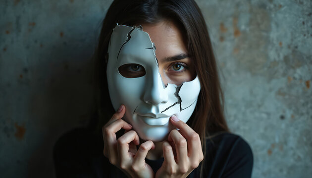 Woman holds cracked white mask revealing face. Symbolizes inner turmoil, hidden feelings, duality. Female hides true self behind broken facade, showing vulnerability and struggle.