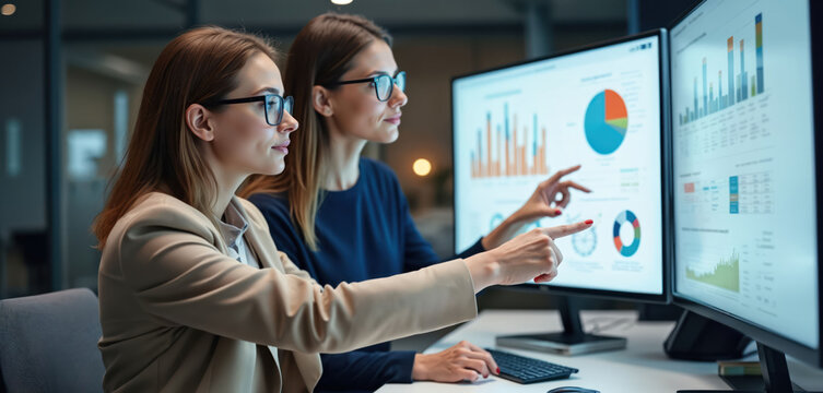 Two women analyze data on computer screens. They point at charts and graphs, discussing business metrics and reports. Analyzing financial information and strategy. Digital workflow in office.