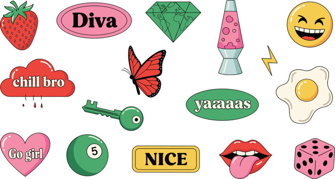 Colorful cartoon sticker vector illustration featuring playful icons, objects, symbols, and expressive text phrases for decoration