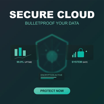Secure cloud data protection concept. Features a central shield icon with encryption, uptime, and system safe indicators. Modern vector illustration for cybersecurity and digital privacy.
