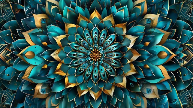 Dark teal and gold floral pattern with intricate swirls and repeating motifs flowers petals
