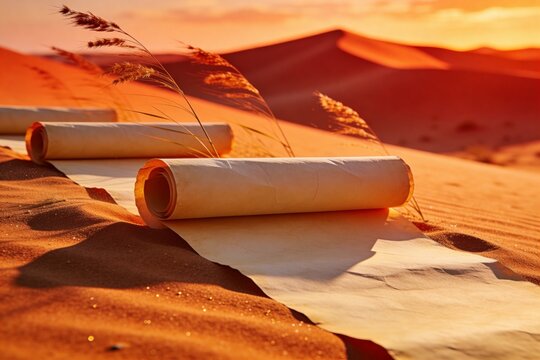 Rolled parchment sheets lying on golden desert sand at sunset with dry grasses and distant dunes, creating a warm ancient travel, discovery, history, and storytelling concept.